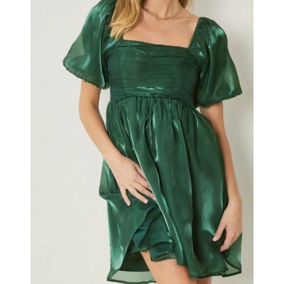 Entro Green Organza Party Bubble Sleeve Mini Dress, L - Picture 1 of 9